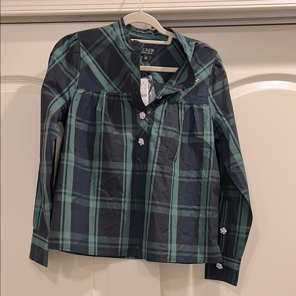 NWT J Crew Organic Cotton Fresco Top Jewel Buttons Green Blue Tartan Plaid - Picture 2 of 7